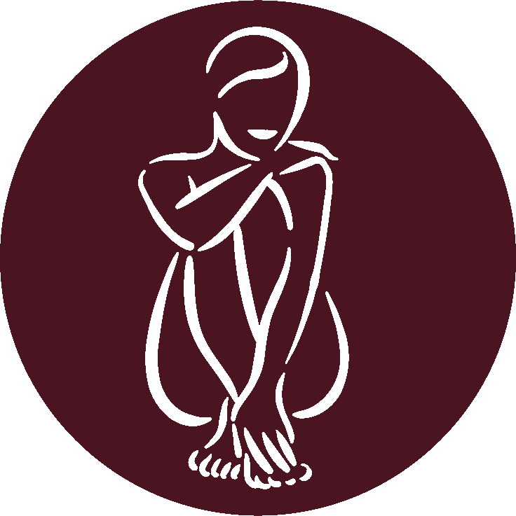 Lisa's Logo a circle of crimson red with the figure of a woman in the seated position.