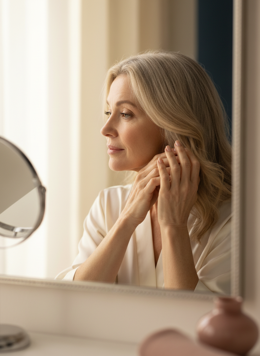 A woman assessing whether her scalp and hair feel clean rather than following a calendar.