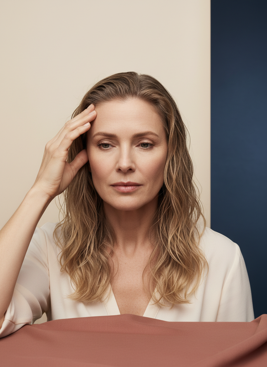 A woman gently touching an itchy scalp after washing her hair.