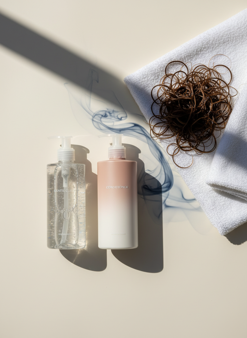 A cleanser and conditioner beside wet hair, illustrating the difference between conditioning and shampoo cleansing.