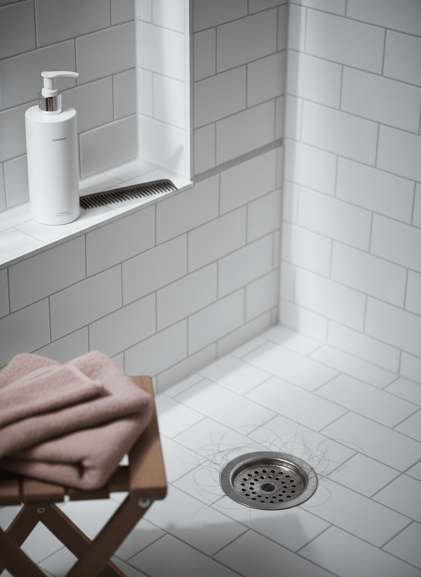 Loose shed hairs caught in a clean shower drain strainer beside a shampoo bottle and towel.