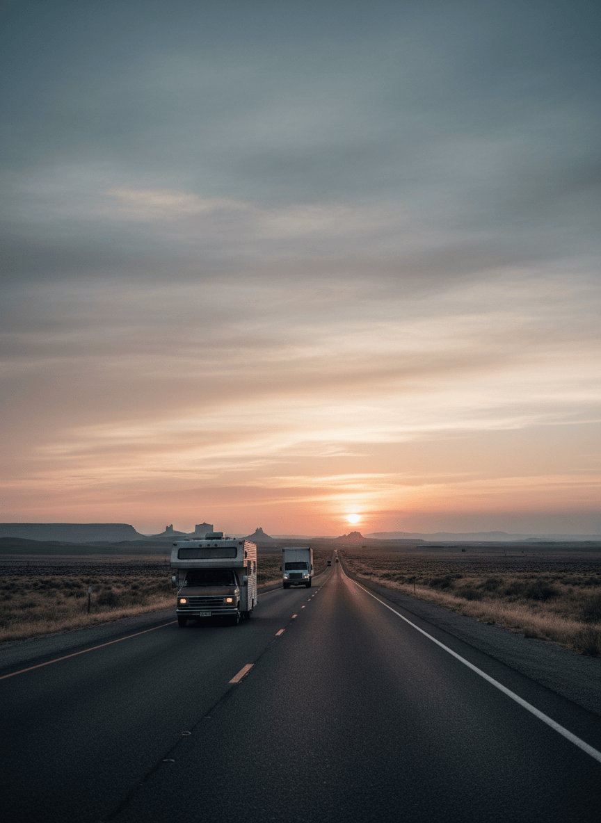 An open highway at sunrise with a camper and moving truck traveling west in the distance.