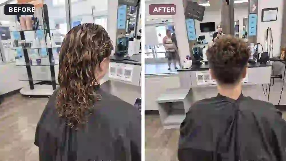 Before and after salon photos showing long wet curls transformed into a short curly cut with a tapered neckline by Lisa Proctor.