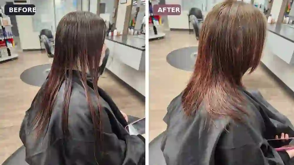 Before and after salon photos showing long wet hair cut shorter with added layering and movement.
