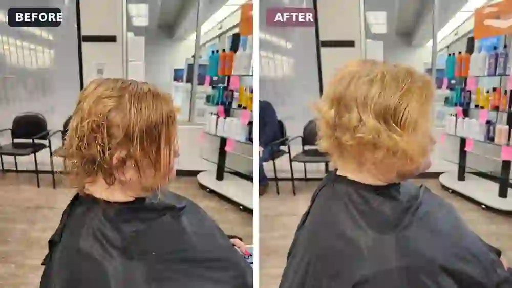 Before and after salon photos showing wet hair styled into a layered shape with lifted, flipped movement.