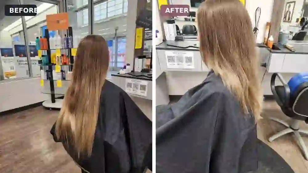 Before and after salon photos showing long hair cut shorter with added layers and movement.