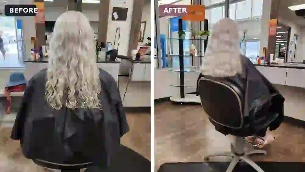 Before and after salon photos showing long silver hair cut to a shorter, cleaner shape while keeping its natural character.