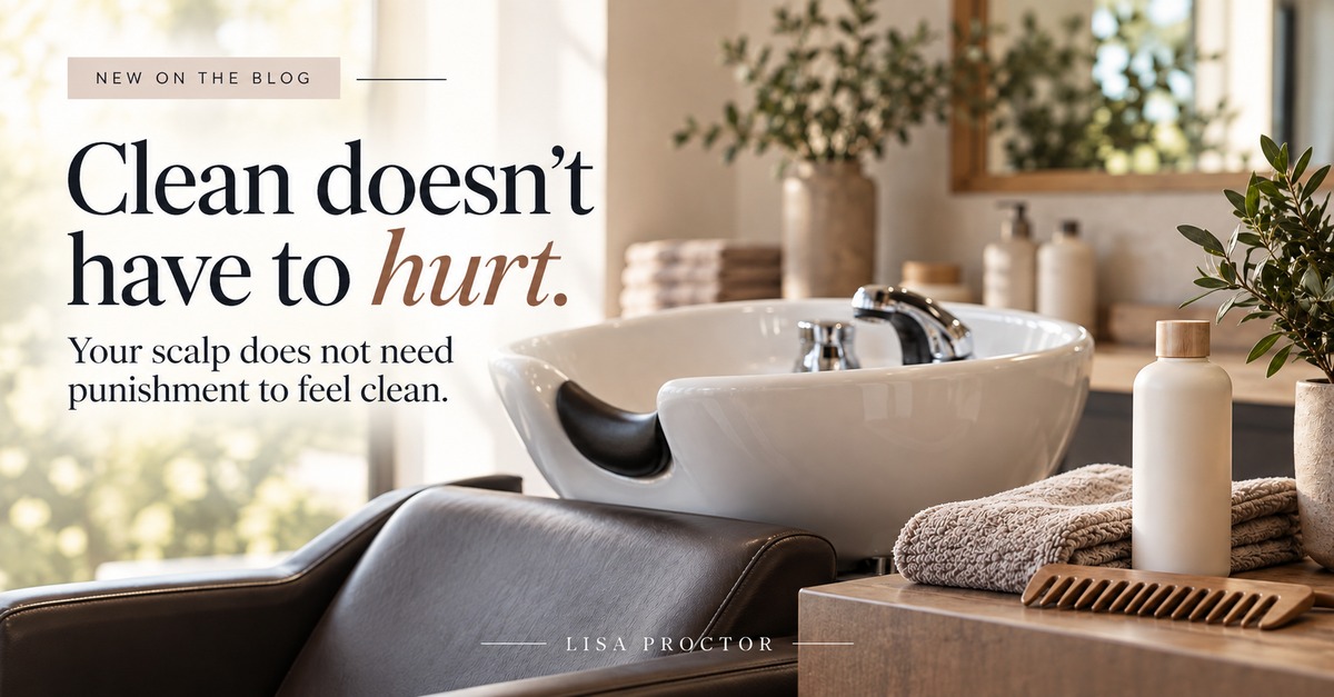 Professional salon shampoo station beside the words Clean doesn’t have to hurt.