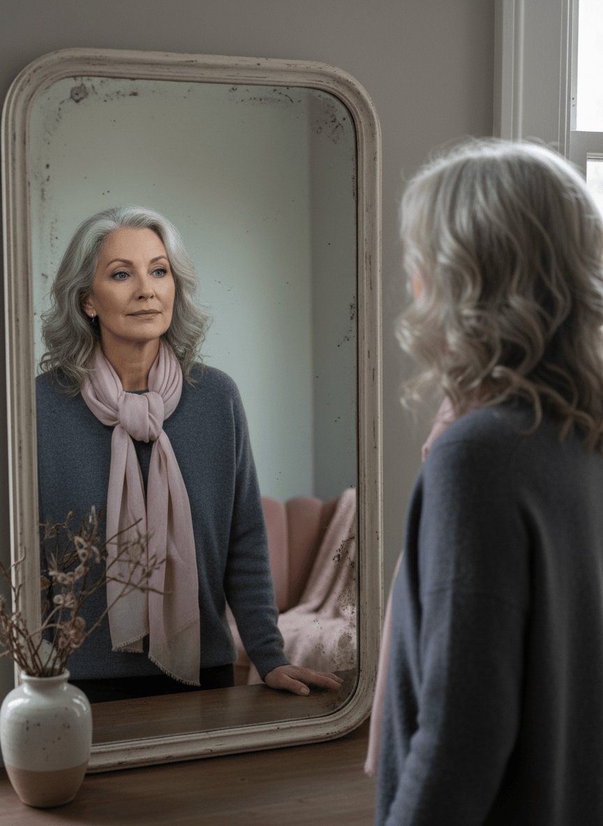 A mature woman looking thoughtfully at her reflection in soft natural light, with no exaggerated makeover styling.
